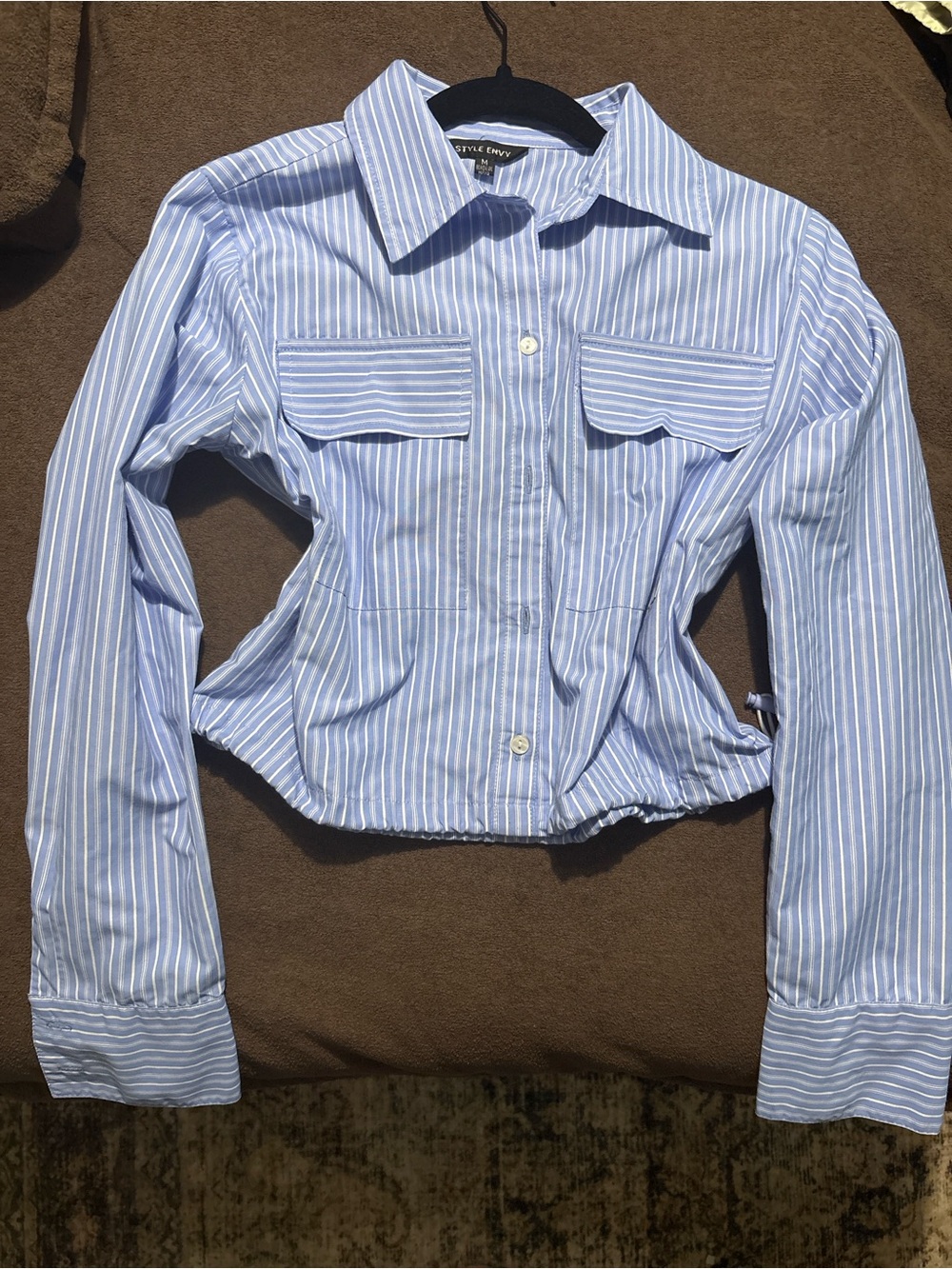 Style Envy Light Blue and White Striped Button-Front Shirt